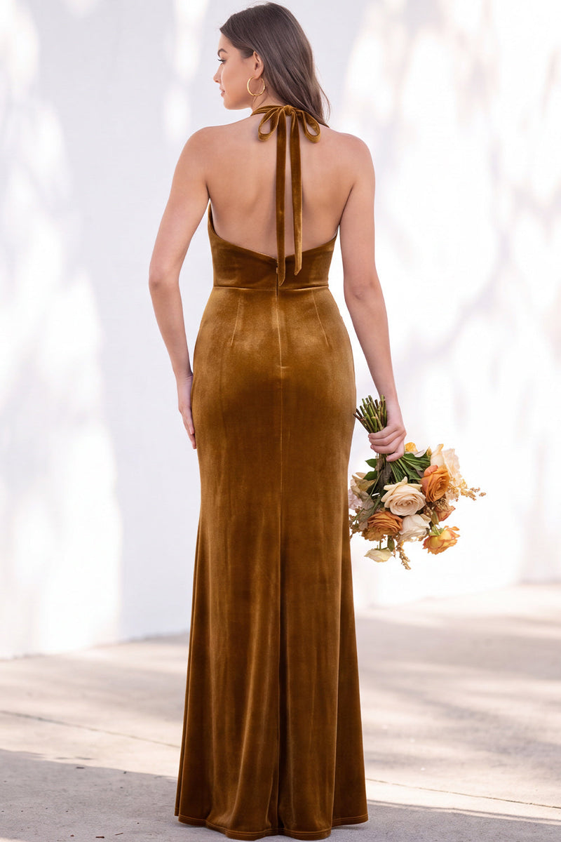 Load image into Gallery viewer, Golden Brown Mermaid Velvet Ruched Halter Long Wedding Guest Dress