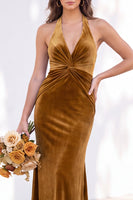Load image into Gallery viewer, Golden Brown Mermaid Velvet Ruched Halter Long Wedding Guest Dress