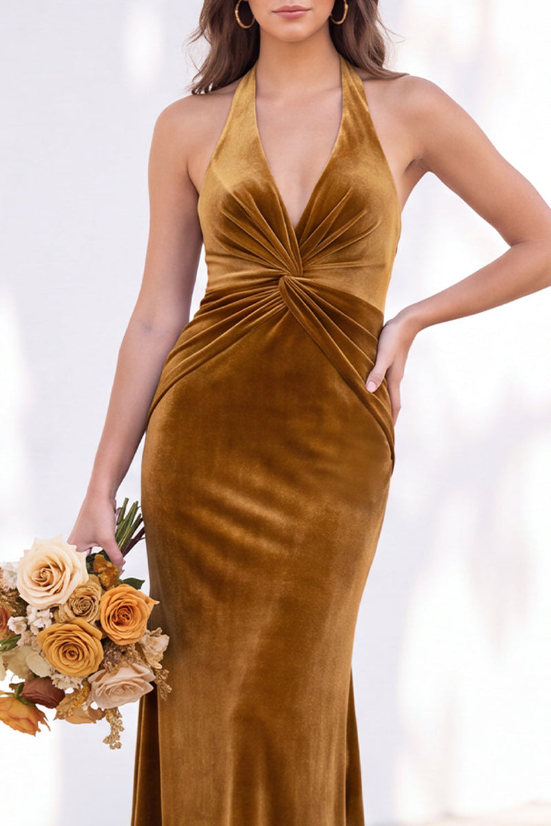 Load image into Gallery viewer, Golden Brown Mermaid Velvet Ruched Halter Long Wedding Guest Dress