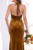 Load image into Gallery viewer, Golden Brown Mermaid Velvet Ruched Halter Long Wedding Guest Dress