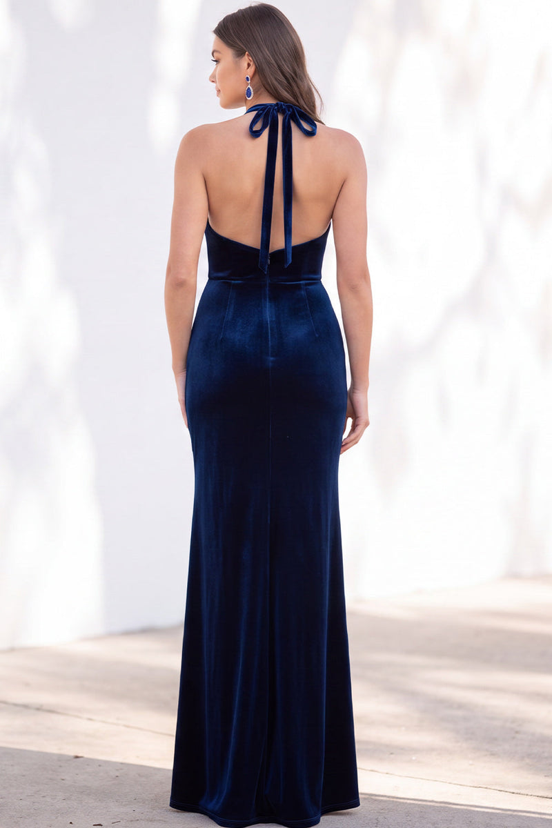 Load image into Gallery viewer, Golden Brown Mermaid Velvet Ruched Halter Long Wedding Guest Dress