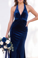 Load image into Gallery viewer, Golden Brown Mermaid Velvet Ruched Halter Long Wedding Guest Dress