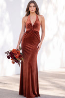 Load image into Gallery viewer, Golden Brown Mermaid Velvet Ruched Halter Long Wedding Guest Dress