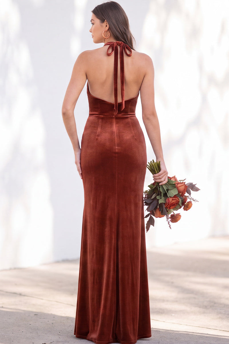 Load image into Gallery viewer, Golden Brown Mermaid Velvet Ruched Halter Long Wedding Guest Dress
