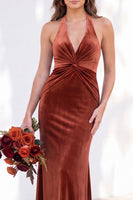Load image into Gallery viewer, Golden Brown Mermaid Velvet Ruched Halter Long Wedding Guest Dress