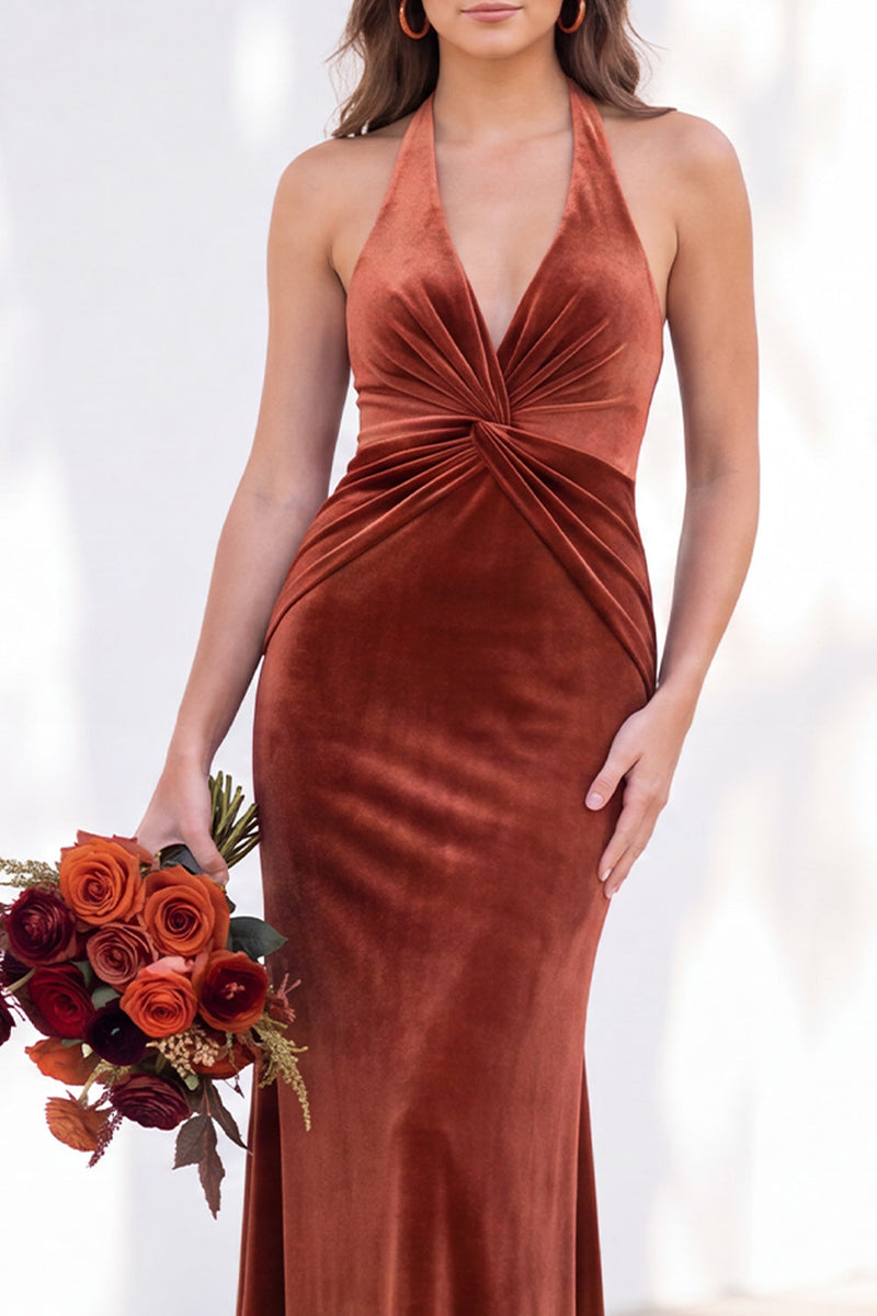 Load image into Gallery viewer, Golden Brown Mermaid Velvet Ruched Halter Long Wedding Guest Dress