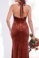 Load image into Gallery viewer, Golden Brown Mermaid Velvet Ruched Halter Long Wedding Guest Dress