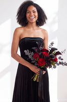 Load image into Gallery viewer, Dark Purple Strapless Pleated A Line Velvet Long Wedding Guest Dress