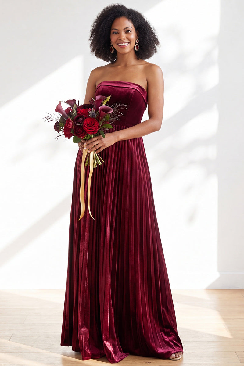 Load image into Gallery viewer, Dark Purple Strapless Pleated A Line Velvet Long Wedding Guest Dress