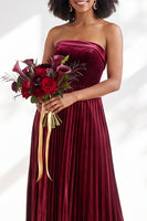 Load image into Gallery viewer, Dark Purple Strapless Pleated A Line Velvet Long Wedding Guest Dress