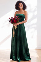 Load image into Gallery viewer, Dark Purple Strapless Pleated A Line Velvet Long Wedding Guest Dress
