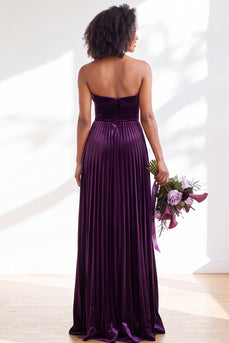 Dark Purple Strapless Pleated A Line Velvet Long Wedding Guest Dress
