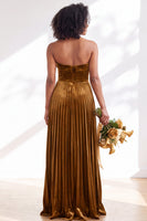 Load image into Gallery viewer, Dark Purple Strapless Pleated A Line Velvet Long Wedding Guest Dress