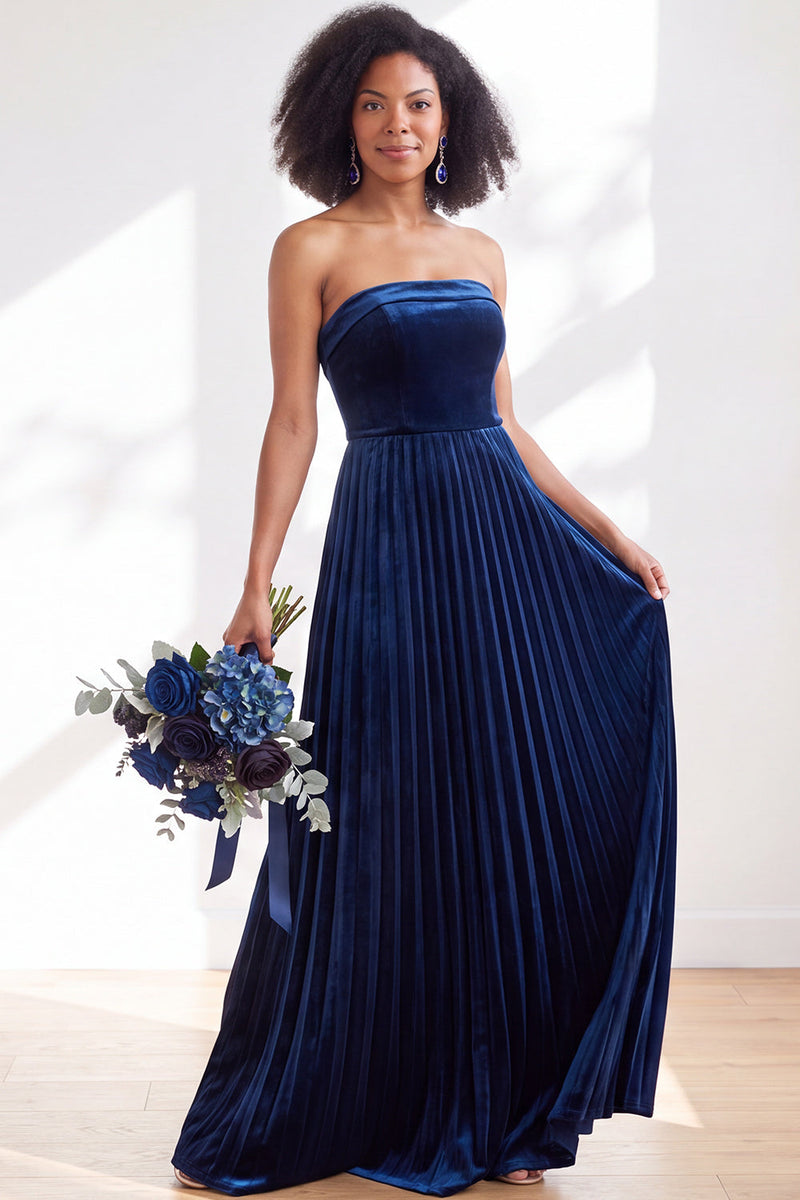 Load image into Gallery viewer, Dark Purple Strapless Pleated A Line Velvet Long Wedding Guest Dress
