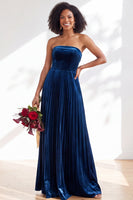 Load image into Gallery viewer, Dark Purple Strapless Pleated A Line Velvet Long Wedding Guest Dress