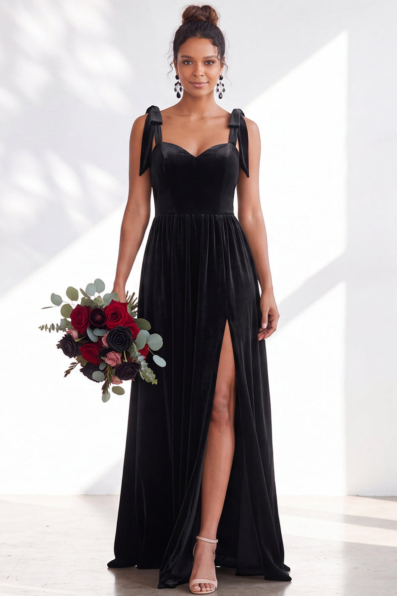 Load image into Gallery viewer, Burgundy A-Line Thick Straps Long Velvet Wedding Guest Dress with Bows