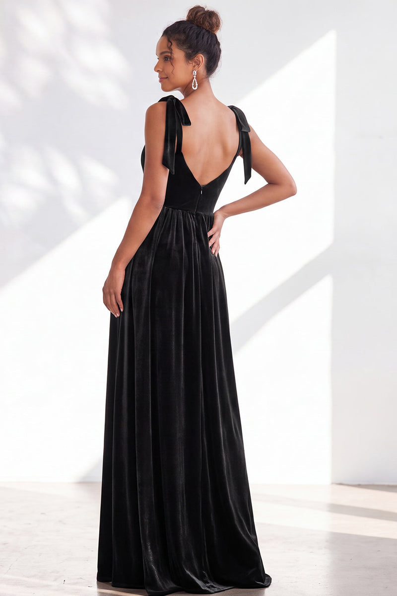 Load image into Gallery viewer, Burgundy A-Line Thick Straps Long Velvet Wedding Guest Dress with Bows