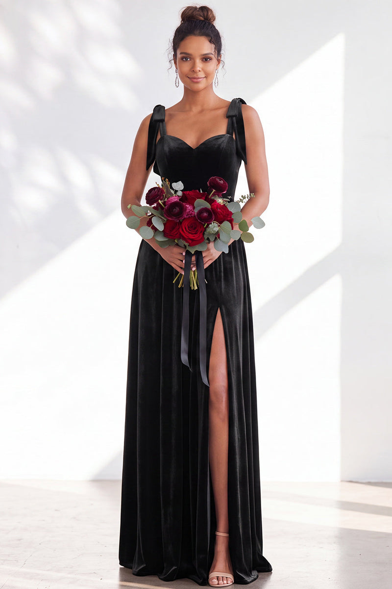 Load image into Gallery viewer, Burgundy A-Line Thick Straps Long Velvet Wedding Guest Dress with Bows