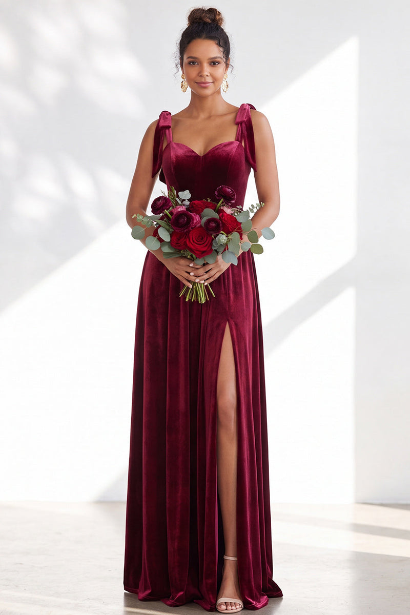 Load image into Gallery viewer, Burgundy A-Line Thick Straps Long Velvet Wedding Guest Dress with Bows