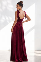 Load image into Gallery viewer, Burgundy A-Line Thick Straps Long Velvet Wedding Guest Dress with Bows