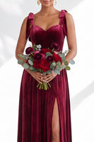 Load image into Gallery viewer, Burgundy A-Line Thick Straps Long Velvet Wedding Guest Dress with Bows