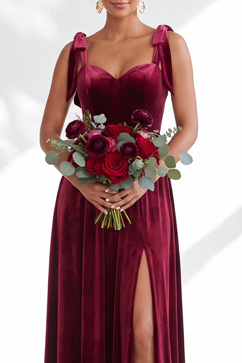 Load image into Gallery viewer, Burgundy A-Line Thick Straps Long Velvet Wedding Guest Dress with Bows