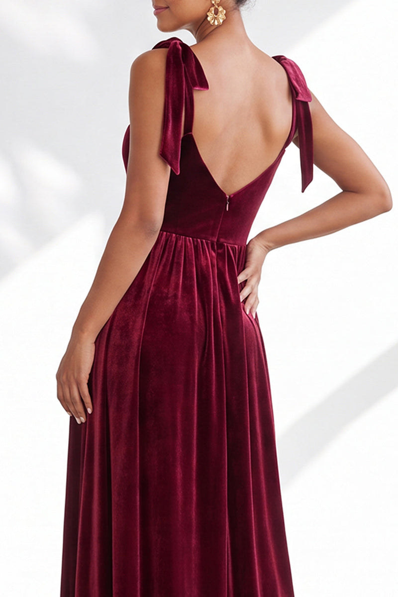 Load image into Gallery viewer, Burgundy A-Line Thick Straps Long Velvet Wedding Guest Dress with Bows