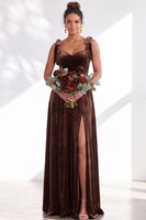 Load image into Gallery viewer, Burgundy A-Line Thick Straps Long Velvet Wedding Guest Dress with Bows