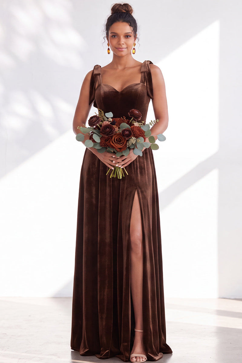 Load image into Gallery viewer, Burgundy A-Line Thick Straps Long Velvet Wedding Guest Dress with Bows
