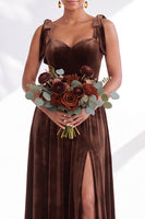 Load image into Gallery viewer, Burgundy A-Line Thick Straps Long Velvet Wedding Guest Dress with Bows
