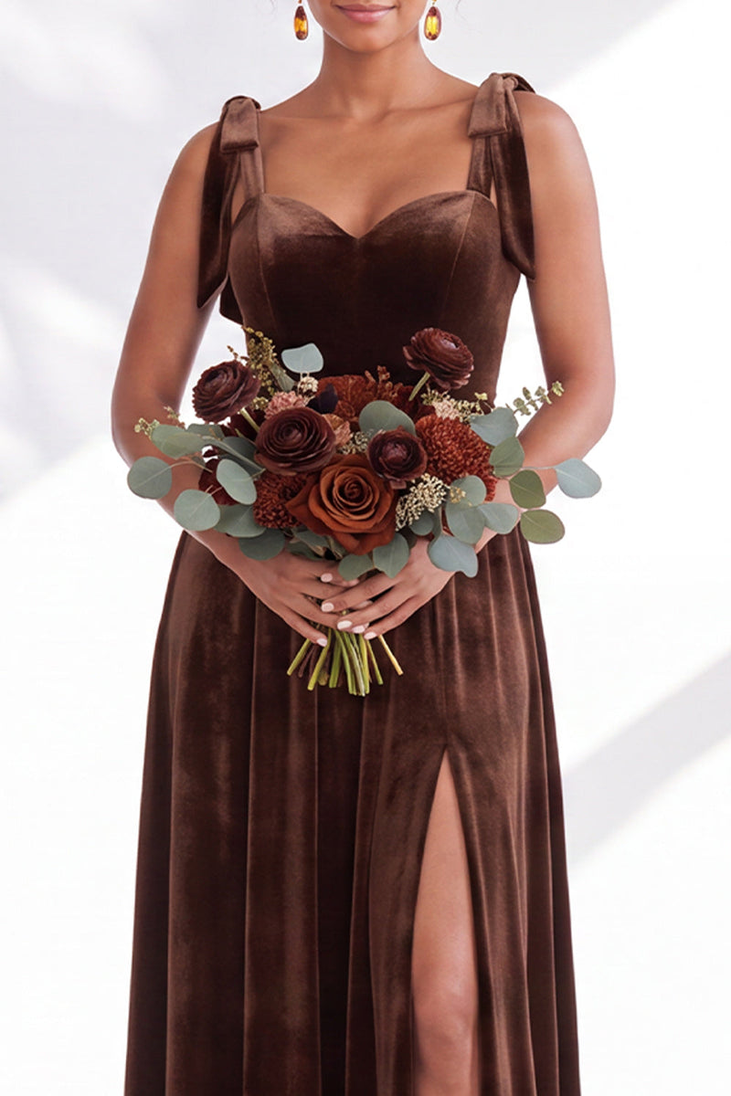 Load image into Gallery viewer, Burgundy A-Line Thick Straps Long Velvet Wedding Guest Dress with Bows