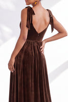 Load image into Gallery viewer, Burgundy A-Line Thick Straps Long Velvet Wedding Guest Dress with Bows