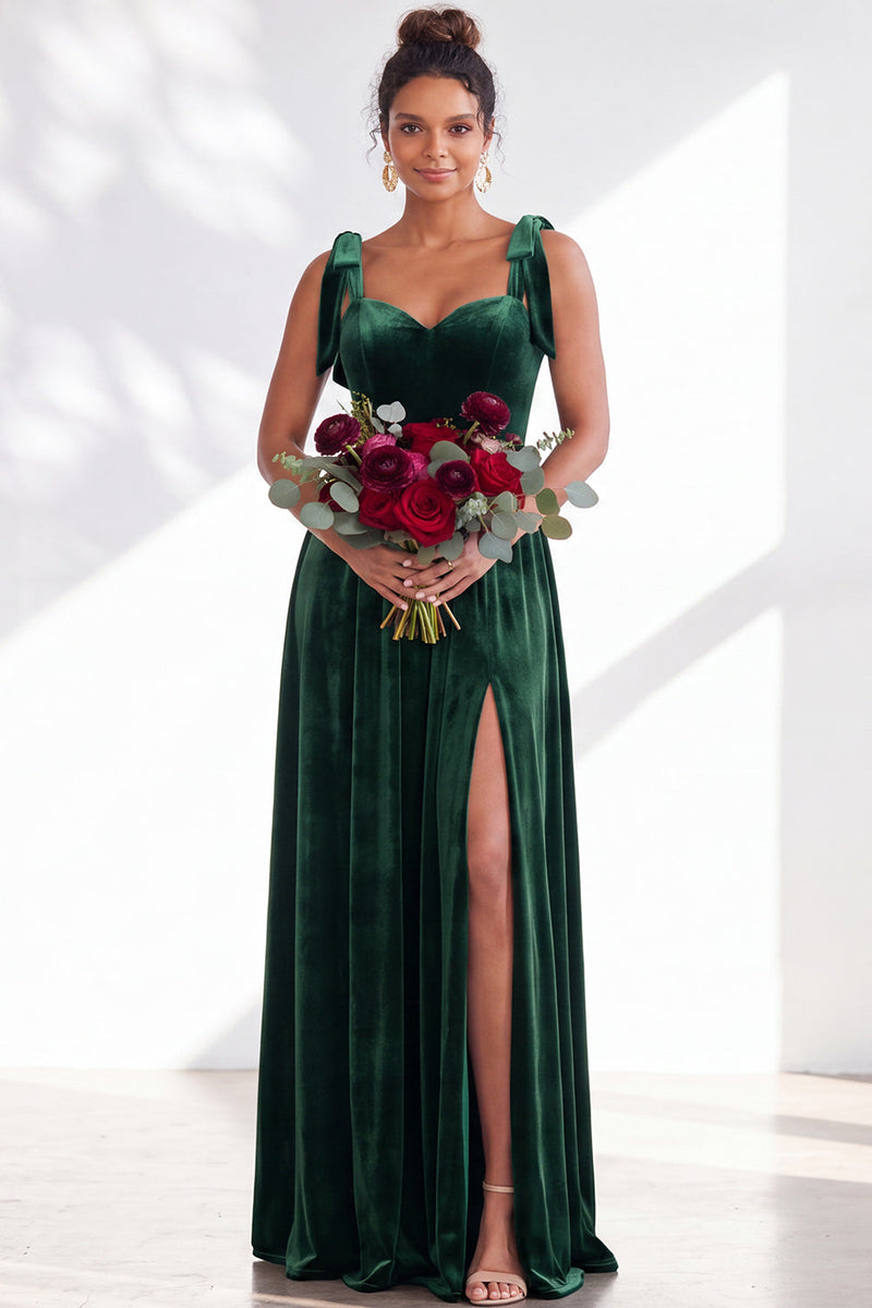 Load image into Gallery viewer, Burgundy A-Line Thick Straps Long Velvet Wedding Guest Dress with Bows