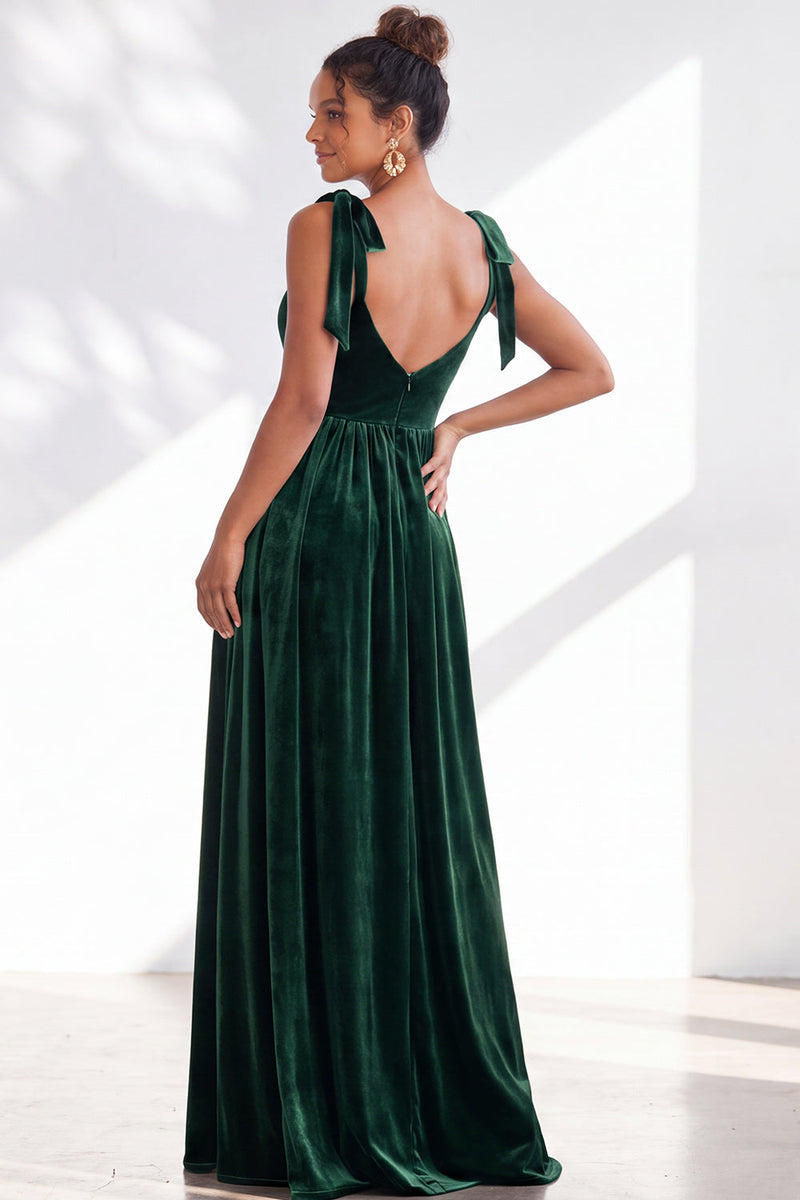 Load image into Gallery viewer, Burgundy A-Line Thick Straps Long Velvet Wedding Guest Dress with Bows