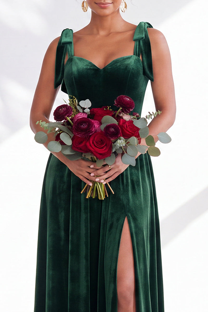Load image into Gallery viewer, Burgundy A-Line Thick Straps Long Velvet Wedding Guest Dress with Bows