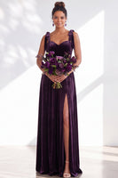 Load image into Gallery viewer, Burgundy A-Line Thick Straps Long Velvet Wedding Guest Dress with Bows