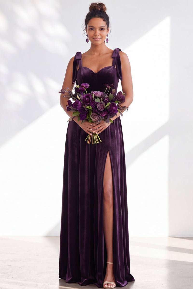 Load image into Gallery viewer, Burgundy A-Line Thick Straps Long Velvet Wedding Guest Dress with Bows