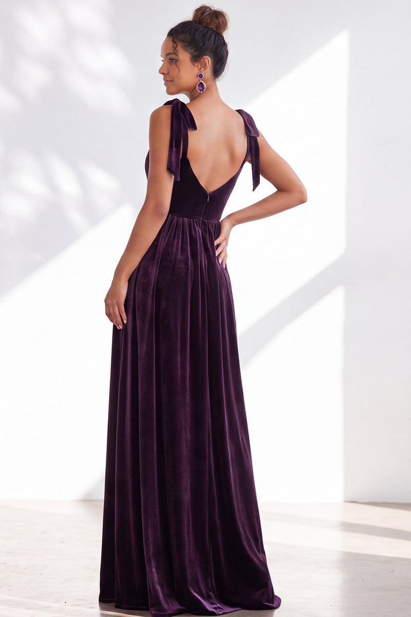 Load image into Gallery viewer, Burgundy A-Line Thick Straps Long Velvet Wedding Guest Dress with Bows