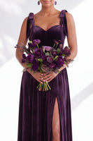 Load image into Gallery viewer, Burgundy A-Line Thick Straps Long Velvet Wedding Guest Dress with Bows