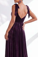 Load image into Gallery viewer, Burgundy A-Line Thick Straps Long Velvet Wedding Guest Dress with Bows