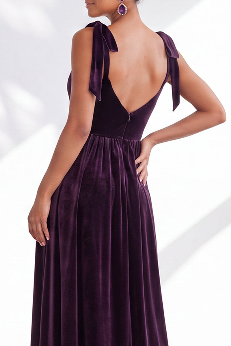Load image into Gallery viewer, Burgundy A-Line Thick Straps Long Velvet Wedding Guest Dress with Bows
