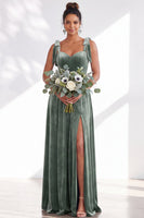 Load image into Gallery viewer, Burgundy A-Line Thick Straps Long Velvet Wedding Guest Dress with Bows