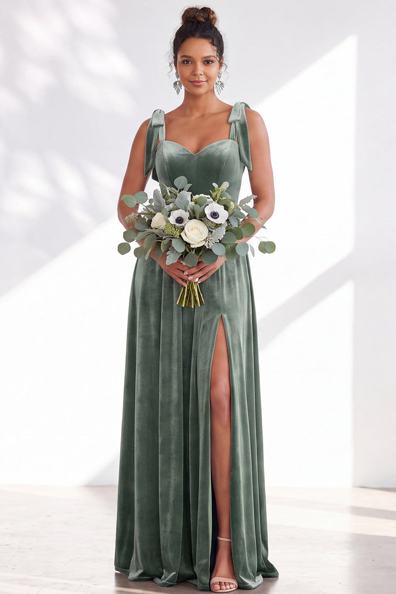 Load image into Gallery viewer, Burgundy A-Line Thick Straps Long Velvet Wedding Guest Dress with Bows