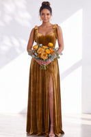 Load image into Gallery viewer, Burgundy A-Line Thick Straps Long Velvet Wedding Guest Dress with Bows