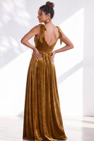 Load image into Gallery viewer, Burgundy A-Line Thick Straps Long Velvet Wedding Guest Dress with Bows
