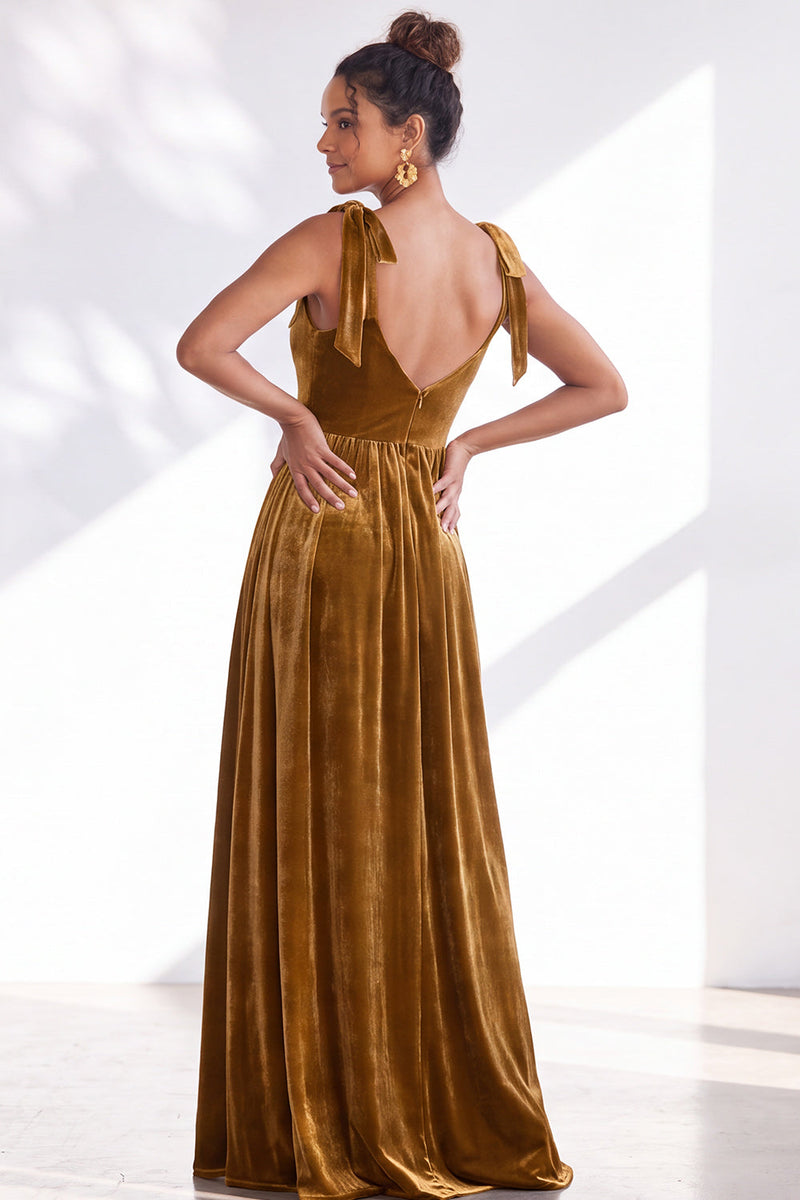 Load image into Gallery viewer, Burgundy A-Line Thick Straps Long Velvet Wedding Guest Dress with Bows