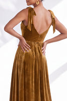 Load image into Gallery viewer, Burgundy A-Line Thick Straps Long Velvet Wedding Guest Dress with Bows
