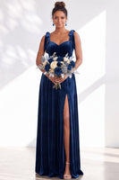 Load image into Gallery viewer, Burgundy A-Line Thick Straps Long Velvet Wedding Guest Dress with Bows
