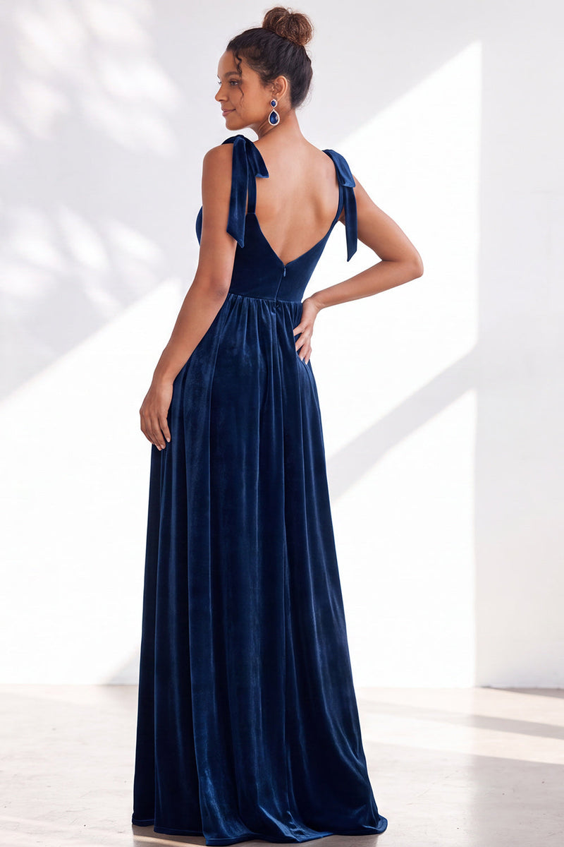 Load image into Gallery viewer, Burgundy A-Line Thick Straps Long Velvet Wedding Guest Dress with Bows