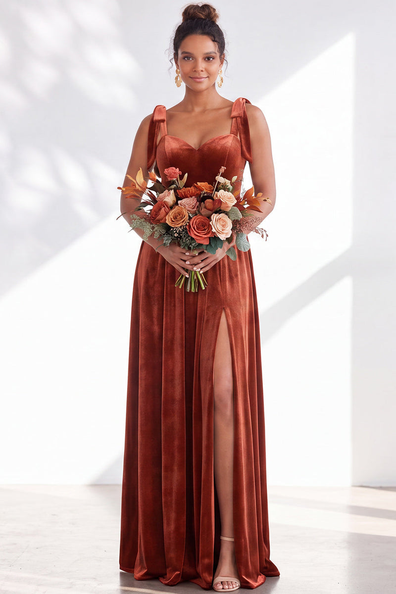 Load image into Gallery viewer, Burgundy A-Line Thick Straps Long Velvet Wedding Guest Dress with Bows